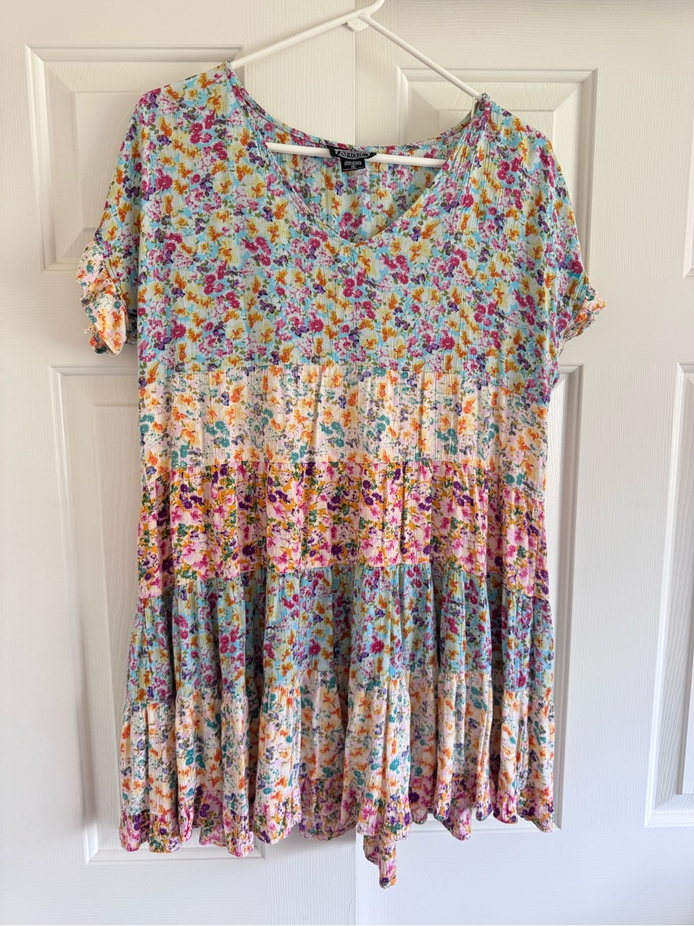 Angie Floral Tiered Patchwork Short-Sleeve CottageCore Dress - Pastel Multi